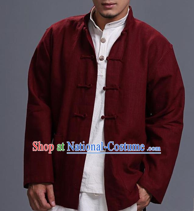 Traditional Top Chinese National Tang Suits Linen Costume, Martial Arts Kung Fu Front Opening Purplish Red Coats, Kung fu Plate Buttons Jacket, Chinese Taichi Short Coats Wushu Clothing for Men