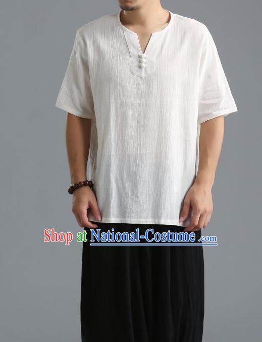 Traditional Top Chinese National Tang Suits Linen Frock Costume, Martial Arts Kung Fu Short Sleeve White T-Shirt, Kung fu Unlined Upper Garment, Chinese Taichi Shirts Wushu Clothing for Men