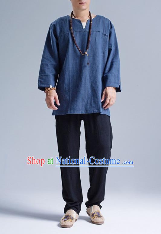 Traditional Top Chinese National Tang Suits Linen Frock Costume, Martial Arts Kung Fu Long Sleeve Deep Blue T-Shirt, Kung fu Upper Outer Garment, Chinese Taichi Shirts Wushu Clothing for Men