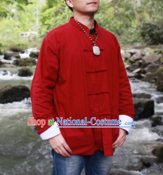 Traditional Top Chinese National Tang Suits Linen Costume, Martial Arts Kung Fu Front Opening Red Coats, Kung fu Plate Buttons Jacket, Chinese Taichi Short Coats Wushu Clothing for Men