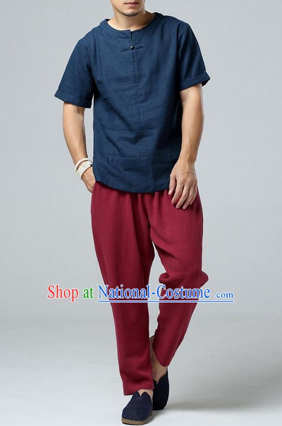 Traditional Top Chinese National Tang Suits Linen Frock Costume, Martial Arts Kung Fu Short Sleeve Navy T-Shirt, Kung fu Copper Buckle Upper Outer Garment, Chinese Taichi Shirts Wushu Clothing for Men