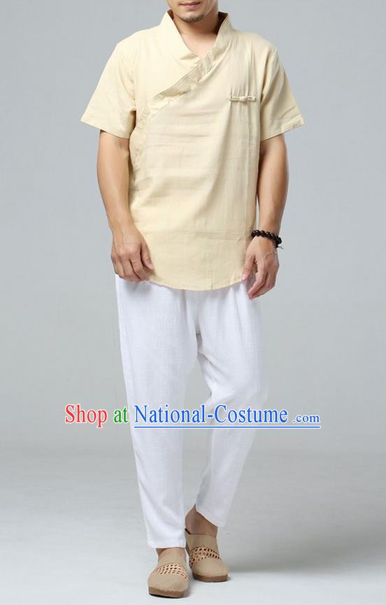 Traditional Top Chinese National Tang Suits Linen Frock Costume, Martial Arts Kung Fu Short Sleeve Yellow T-Shirt, Kung fu Upper Outer Garment, Chinese Taichi Shirts Wushu Clothing for Men