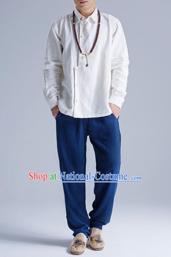 Traditional Top Chinese National Tang Suits Linen Frock Costume, Martial Arts Kung Fu Asymmetric Opening White Shirt, Kung fu Plate Buttons Thin Upper Outer Garment Blouse, Chinese Taichi Thin Shirts Wushu Clothing for Men