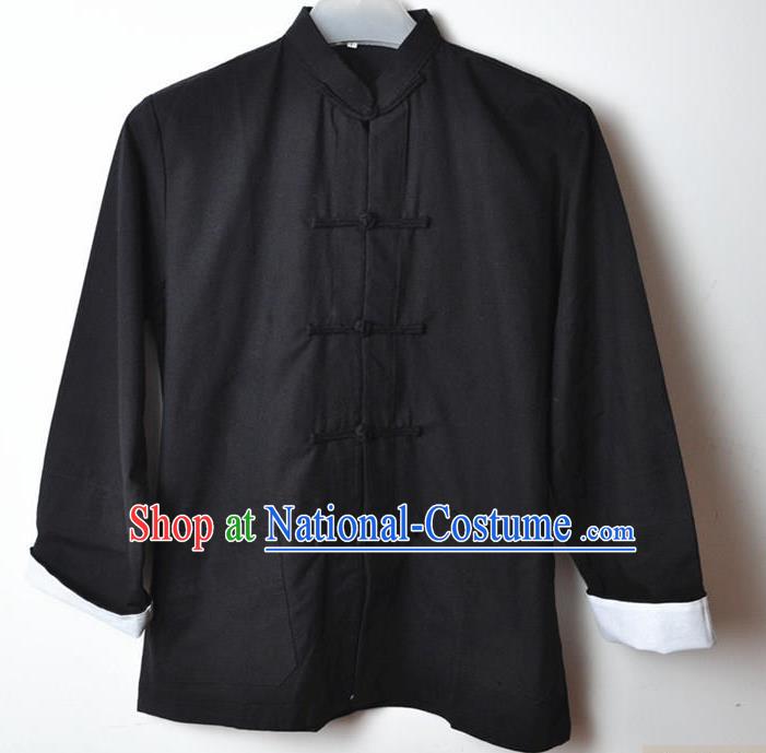 Traditional Top Chinese National Tang Suits Linen Costume, Martial Arts Kung Fu Front Opening Black Coats, Kung fu Plate Buttons Jacket, Chinese Taichi Short Coats Wushu Clothing for Men