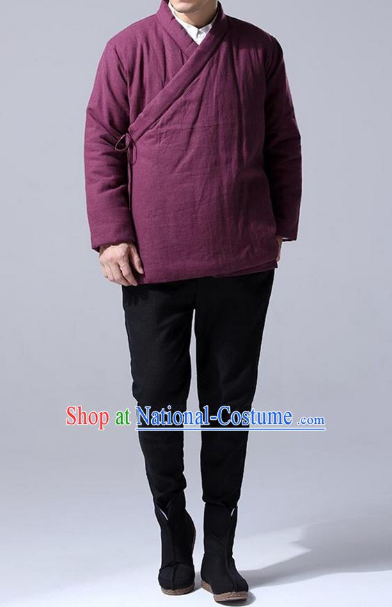 Traditional Top Chinese National Tang Suits Linen Costume, Martial Arts Kung Fu Slant Opening Fuchsia Coats, Kung fu Tying on Cotton-Padded Jacket, Chinese Taichi Cotton-Padded Short Coats Wushu Clothing for Men