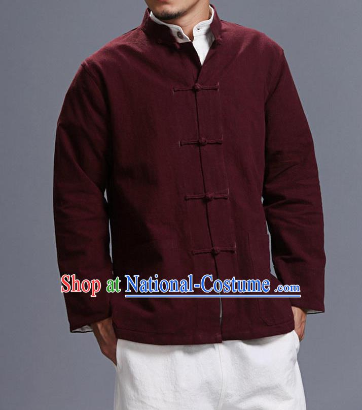 Traditional Top Chinese National Tang Suits Linen Costume, Martial Arts Kung Fu Front Opening Stand Collar Dark Red Coats, Kung fu Plate Buttons Jacket, Chinese Taichi Short Coats Wushu Clothing for Men