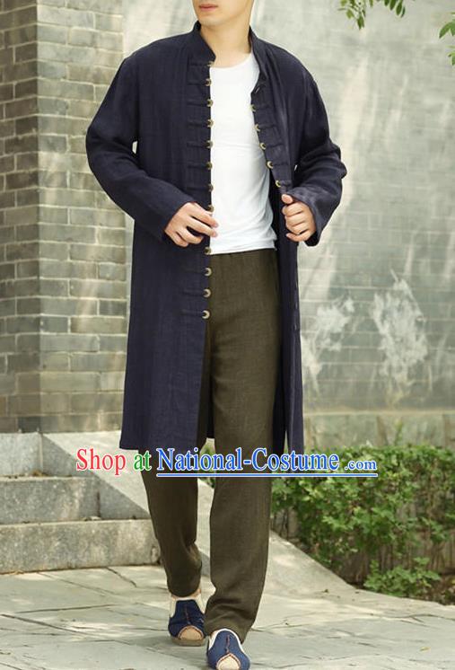 Traditional Top Chinese National Tang Suits Linen Costume, Martial Arts Kung Fu Front Opening Blue Long Coats, Kung fu Copper Buckle Jacket, Chinese Taichi Dust Coats Wushu Clothing for Men