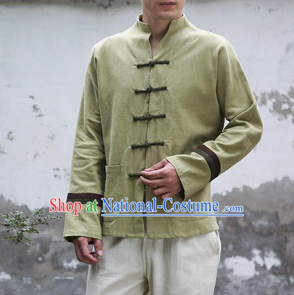 Traditional Top Chinese National Tang Suits Linen Frock Costume, Martial Arts Kung Fu Embroidery Totem Slant Opening Green Shirt, Kung fu Plate Buttons Thin Upper Outer Garment Jacket, Chinese Taichi Thin Coats Wushu Clothing for Men