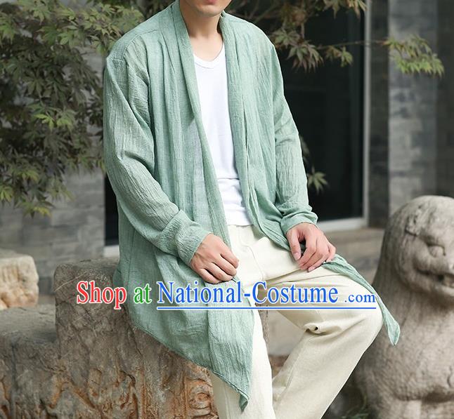 Traditional Top Chinese National Tang Suits Cotton Costume, Martial Arts Kung Fu Green Cardigan, Kung fu Thin Upper Outer Garment Jacket, Chinese Taichi Thin Coats Wushu Clothing for Men