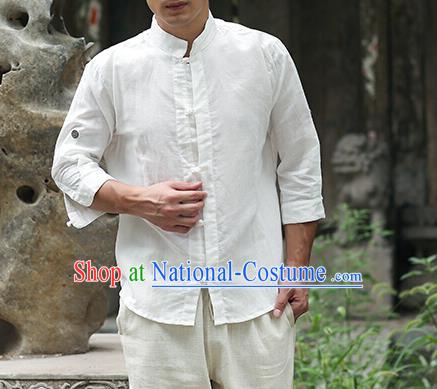 Traditional Top Chinese National Tang Suits Linen Frock Costume, Martial Arts Kung Fu Stand Collar White Shirt, Kung fu Plate Buttons Thin Upper Outer Garment Blouse, Chinese Taichi Thin Shirts Wushu Clothing for Men