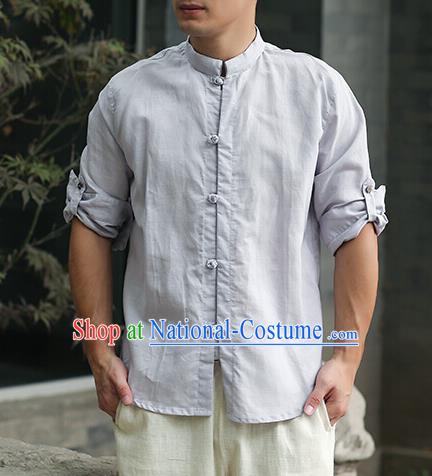 Traditional Top Chinese National Tang Suits Linen Frock Costume, Martial Arts Kung Fu Stand Collar Blue Shirt, Kung fu Plate Buttons Thin Upper Outer Garment Blouse, Chinese Taichi Thin Shirts Wushu Clothing for Men