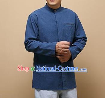 Traditional Top Chinese National Tang Suits Linen Frock Costume, Martial Arts Kung Fu Chinese Tunic Suit Blue Shirt, Sun Yat Sen Suit Thin Upper Outer Garment Blouse, Chinese Taichi Thin Shirts Wushu Clothing for Men