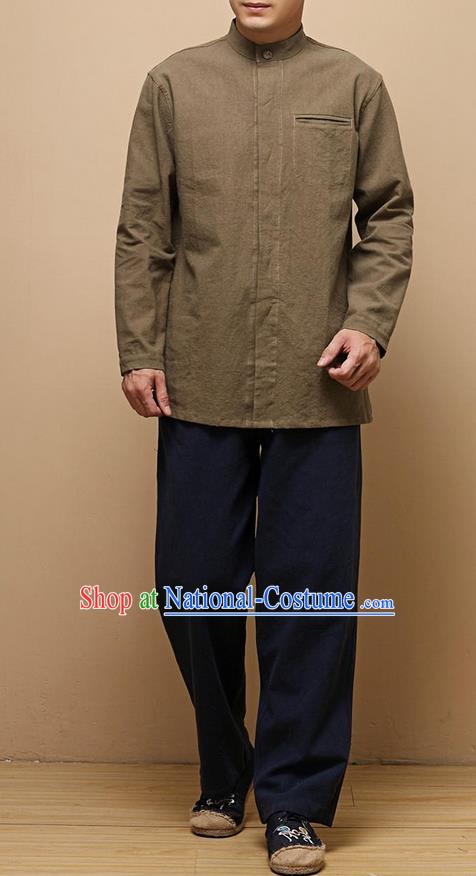 Traditional Top Chinese National Tang Suits Linen Frock Costume, Martial Arts Kung Fu Chinese Tunic Suit Brown Shirt, Sun Yat Sen Suit Thin Upper Outer Garment Blouse, Chinese Taichi Thin Shirts Wushu Clothing for Men