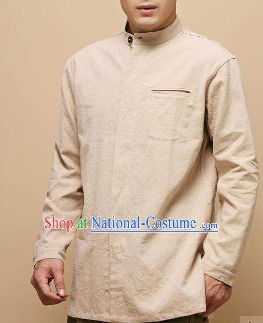 Traditional Top Chinese National Tang Suits Linen Frock Costume, Martial Arts Kung Fu Chinese Tunic Suit Beige Shirt, Sun Yat Sen Suit Thin Upper Outer Garment Blouse, Chinese Taichi Thin Shirts Wushu Clothing for Men