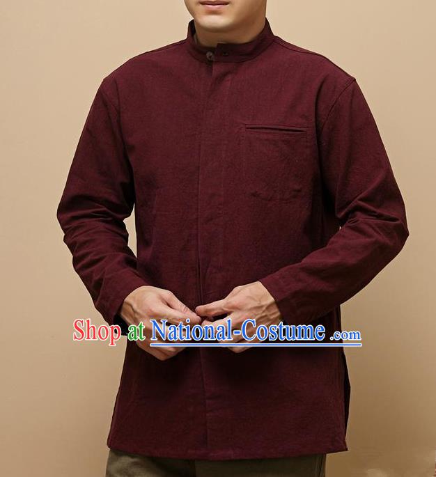 Traditional Top Chinese National Tang Suits Linen Frock Costume, Martial Arts Kung Fu Chinese Tunic Suit Dark Red Shirt, Sun Yat Sen Suit Thin Upper Outer Garment Blouse, Chinese Taichi Thin Shirts Wushu Clothing for Men