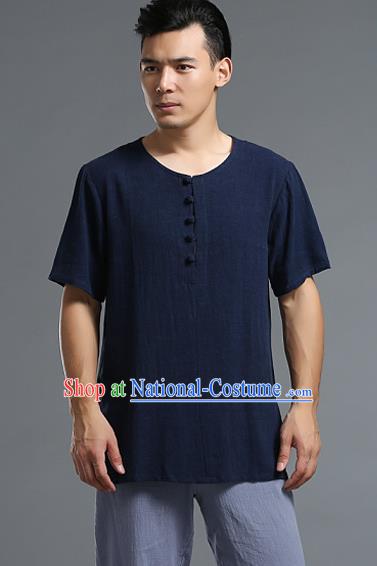 Traditional Top Chinese National Tang Suits Linen Frock Costume, Martial Arts Kung Fu Long Sleeve Navy T-Shirt, Kung fu Plate Buttons Upper Outer Garment Blouse, Chinese Taichi Thin Shirts Wushu Clothing for Men