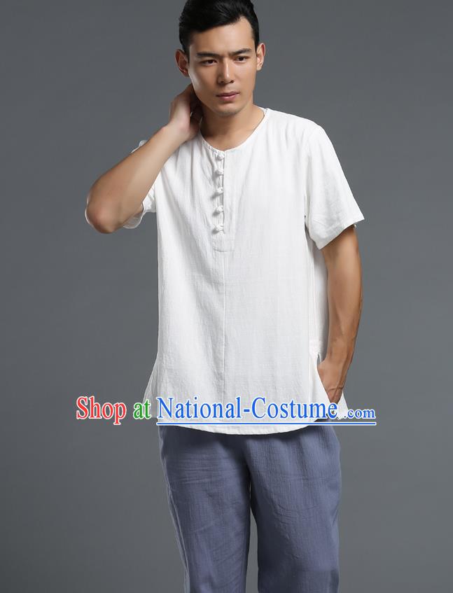 Traditional Top Chinese National Tang Suits Linen Frock Costume, Martial Arts Kung Fu Long Sleeve White T-Shirt, Kung fu Plate Buttons Upper Outer Garment Blouse, Chinese Taichi Thin Shirts Wushu Clothing for Men