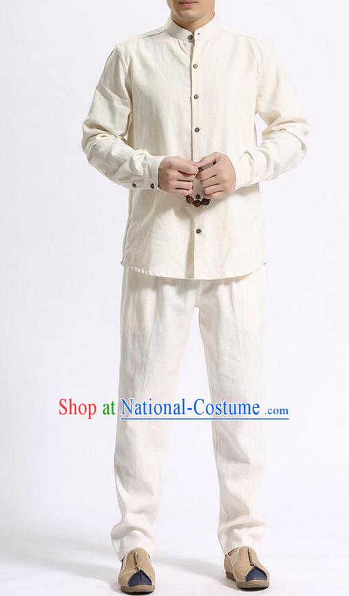 Traditional Top Chinese National Tang Suits Linen Costume, Martial Arts Kung Fu Stand Collar Beige Shirt, Chinese Kung fu Coconut Buttons Thin Upper Outer Garment Blouse, Chinese Taichi Thin Shirts Wushu Clothing for Men