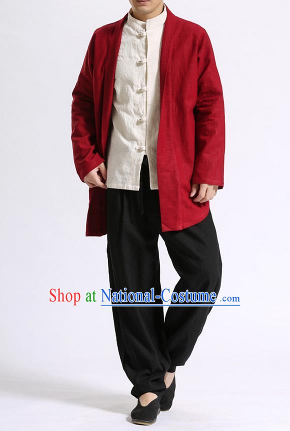 Traditional Top Chinese National Tang Suits Linen Costume, Martial Arts Kung Fu Dark Red Cardigan, Chinese Kung fu Thin Upper Outer Garment Overcoats, Chinese Taichi Thin Coats Wushu Clothing for Men