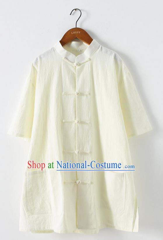 Traditional Top Chinese National Tang Suits Linen Front Opening Costume, Martial Arts Kung Fu Stand Collar Short Sleeve White T-Shirt, Chinese Kung fu Plate Buttons Upper Outer Garment Blouse, Chinese Taichi Thin Shirts Wushu Clothing for Men