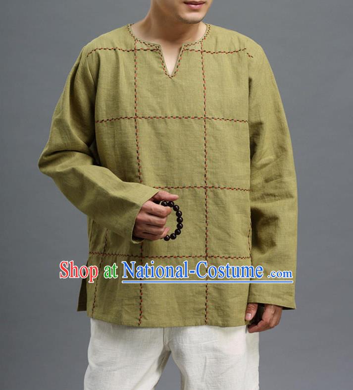 Traditional Top Chinese National Tang Suits Linen Costume, Martial Arts Kung Fu Embroidery Threads Long Sleeve Green T-Shirt, Chinese Kung fu Upper Outer Garment Blouse, Chinese Taichi Thin Shirts Wushu Clothing for Men