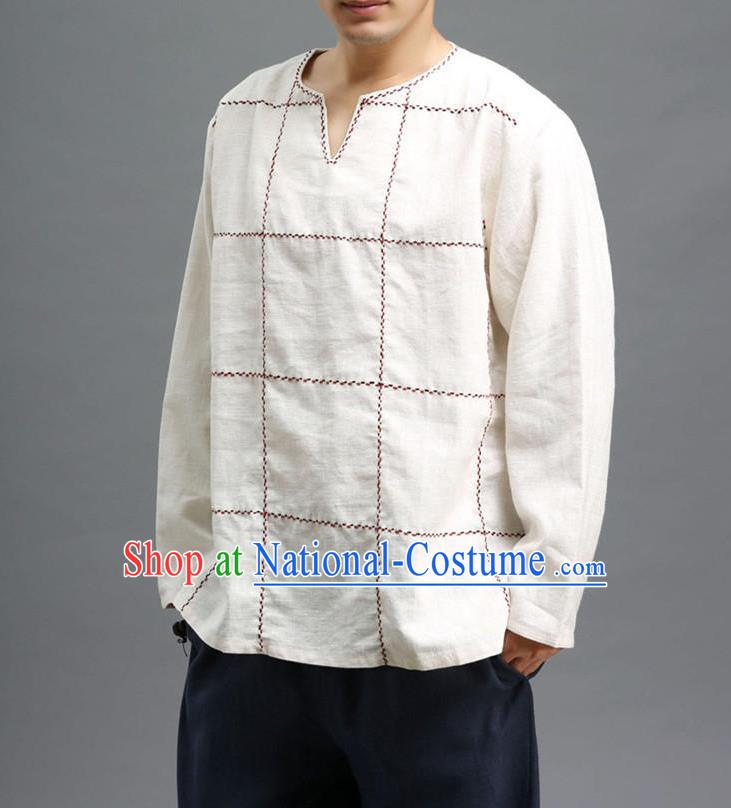 Traditional Top Chinese National Tang Suits Linen Costume, Martial Arts Kung Fu Embroidery Threads Long Sleeve White T-Shirt, Chinese Kung fu Upper Outer Garment Blouse, Chinese Taichi Thin Shirts Wushu Clothing for Men