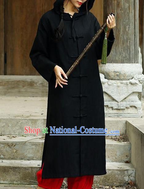 Traditional Top Chinese National Tang Suits Linen Costume, Martial Arts Kung Fu Front Opening Black Hooded Coats, Chinese Kung fu Plate Buttons Dust Coats, Chinese Taichi Long Coats Wushu Clothing for Women