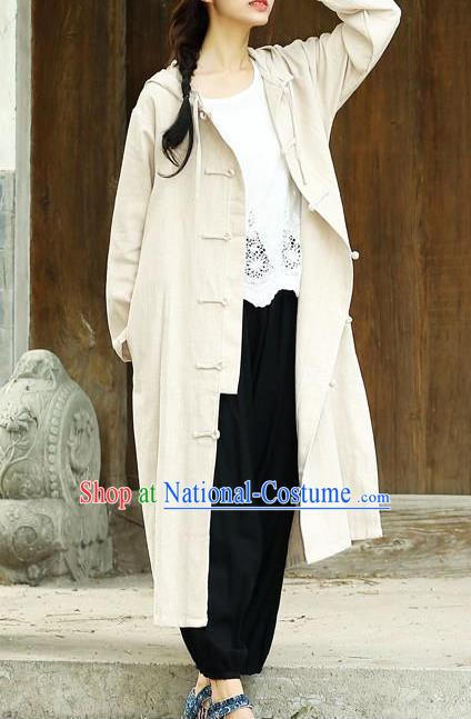 Traditional Top Chinese National Tang Suits Linen Costume, Martial Arts Kung Fu Front Opening Beige Hooded Coats, Chinese Kung fu Plate Buttons Dust Coats, Chinese Taichi Long Coats Wushu Clothing for Women