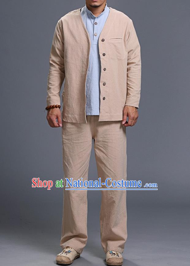 Traditional Top Chinese National Tang Suits Linen Costume, Martial Arts Kung Fu Long Sleeve Beige Overcoat, Chinese Kung fu Upper Outer Garment Jacket, Chinese Taichi Thin Short Cardigan Wushu Clothing for Men