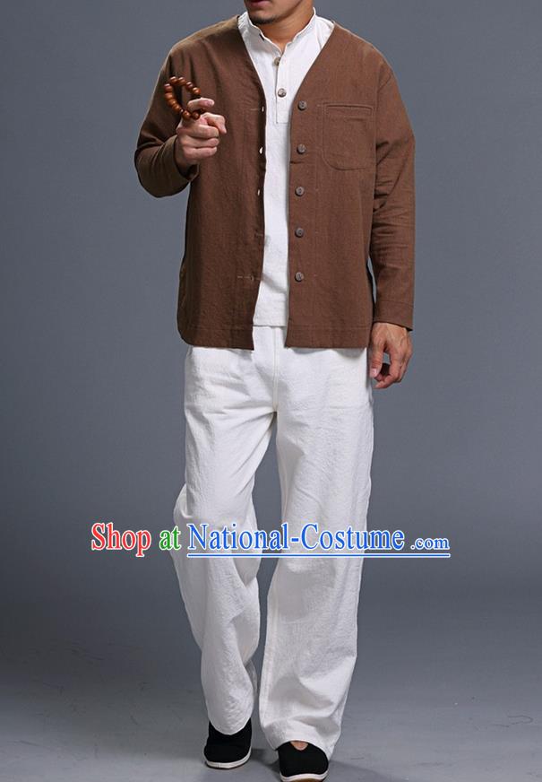 Traditional Top Chinese National Tang Suits Linen Costume, Martial Arts Kung Fu Long Sleeve Coffee Overcoat, Chinese Kung fu Upper Outer Garment Jacket, Chinese Taichi Thin Short Cardigan Wushu Clothing for Men