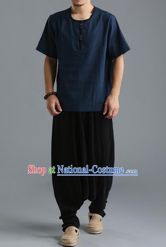 Traditional Top Chinese National Tang Suits Linen Costume, Martial Arts Kung Fu Short Sleeve Navy T-Shirt, Chinese Kung fu Upper Outer Garment Blouse, Chinese Taichi Thin Shirts Wushu Clothing for Men