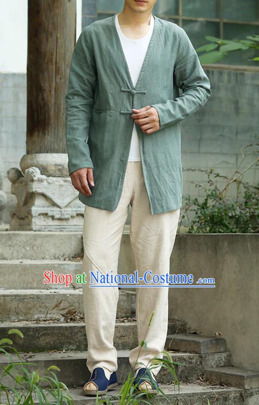 Traditional Top Chinese National Tang Suits Linen Costume, Martial Arts Kung Fu Plate Buttons Green Overcoat, Chinese Kung fu Upper Outer Garment Dust Coat, Chinese Taichi Thin Short Cardigan Wushu Clothing for Men