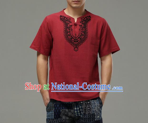 Traditional Top Chinese National Tang Suits Linen Costume, Martial Arts Kung Fu Embroidery Short Sleeve Red T-Shirt, Chinese Kung fu Plate Buttons Upper Outer Garment Blouse, Chinese Taichi Thin Shirts Wushu Clothing for Men