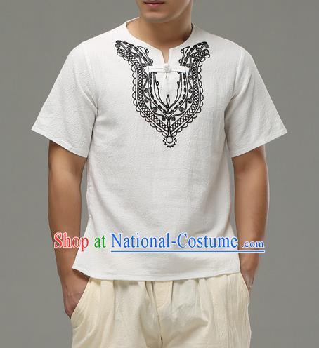 Traditional Top Chinese National Tang Suits Linen Costume, Martial Arts Kung Fu Embroidery Short Sleeve White T-Shirt, Chinese Kung fu Plate Buttons Upper Outer Garment Blouse, Chinese Taichi Thin Shirts Wushu Clothing for Men