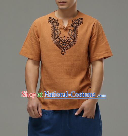 Traditional Top Chinese National Tang Suits Linen Costume, Martial Arts Kung Fu Embroidery Short Sleeve Ginger T-Shirt, Chinese Kung fu Plate Buttons Upper Outer Garment Blouse, Chinese Taichi Thin Shirts Wushu Clothing for Men