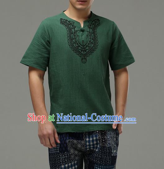 Traditional Top Chinese National Tang Suits Linen Costume, Martial Arts Kung Fu Embroidery Short Sleeve Green T-Shirt, Chinese Kung fu Plate Buttons Upper Outer Garment Blouse, Chinese Taichi Thin Shirts Wushu Clothing for Men