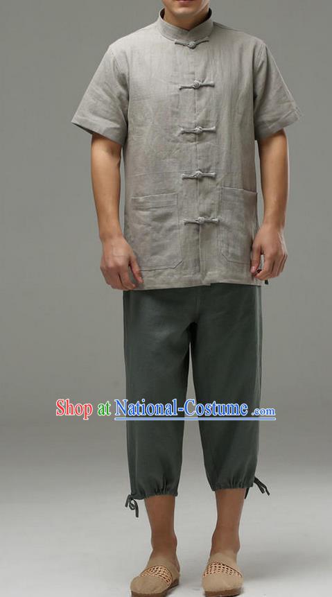 Traditional Top Chinese National Tang Suits Linen Front Opening Costume, Martial Arts Kung Fu Embroidery Short Sleeve Grey Shirt, Chinese Kung fu Plate Buttons Upper Outer Garment Blouse, Chinese Taichi Thin Shirts Wushu Clothing for Men