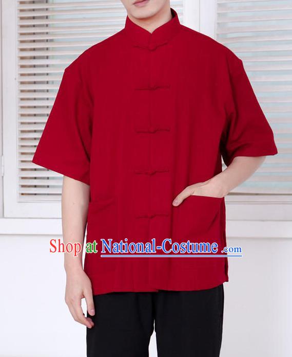 Traditional Top Chinese National Tang Suits Linen Front Opening Costume, Martial Arts Kung Fu Embroidery Short Sleeve Red Shirt, Chinese Kung fu Plate Buttons Upper Outer Garment Blouse, Chinese Taichi Thin Shirts Wushu Clothing for Men