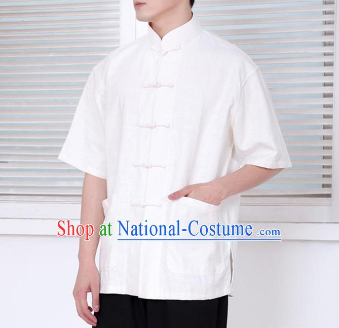 Traditional Top Chinese National Tang Suits Linen Front Opening Costume, Martial Arts Kung Fu Embroidery Short Sleeve White Shirt, Chinese Kung fu Plate Buttons Upper Outer Garment Blouse, Chinese Taichi Thin Shirts Wushu Clothing for Men