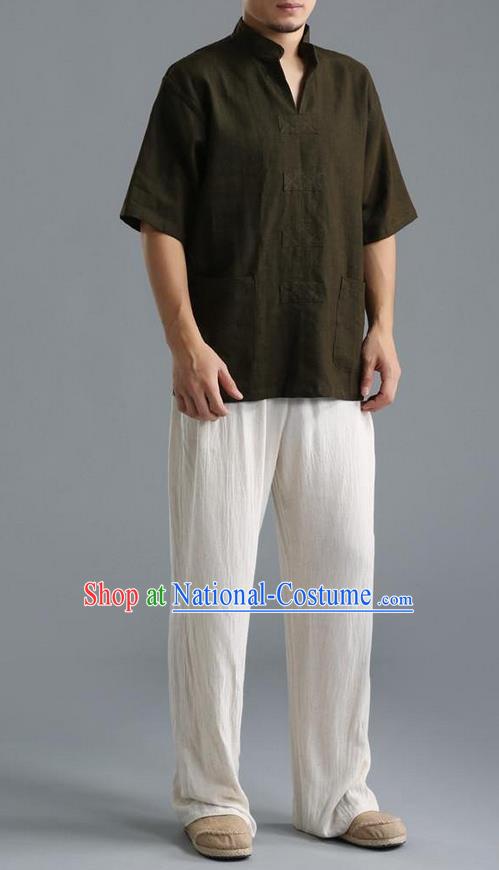 Traditional Top Chinese National Tang Suits Linen Costume, Martial Arts Kung Fu Short Sleeve Black Shirt, Chinese Kung fu Upper Outer Garment Blouse, Chinese Taichi Thin Shirts Wushu Clothing for Men