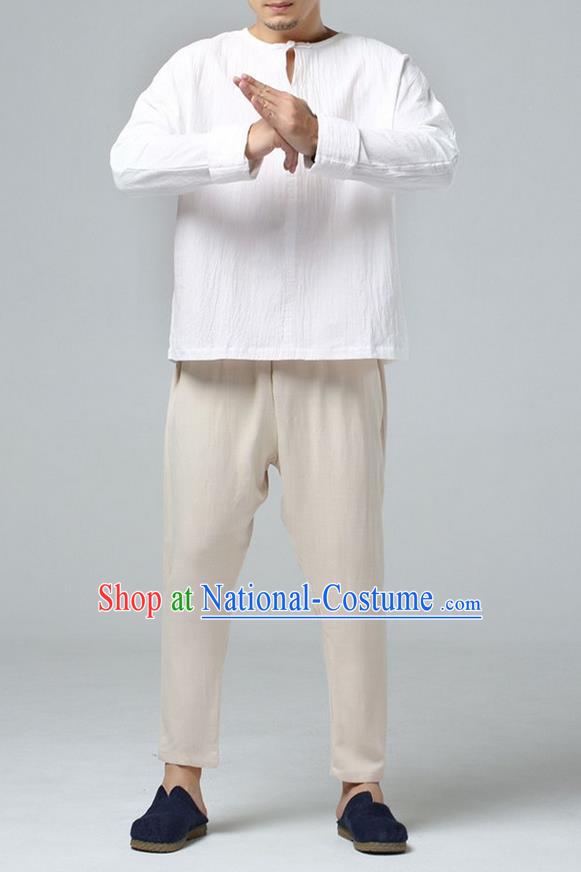 Traditional Top Chinese National Tang Suits Linen Costume, Martial Arts Kung Fu Short Sleeve Wheat T-Shirt, Chinese Kung fu Upper Outer Garment Blouse, Chinese Taichi Thin Shirts Wushu Clothing for Men