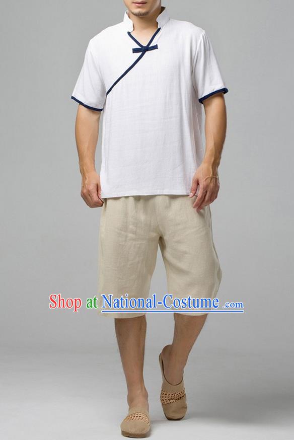 Traditional Top Chinese National Tang Suits Linen Slant Opening Costume, Martial Arts Kung Fu Short Sleeve White Shirt, Chinese Kung fu Plate Buttons Upper Outer Garment Blouse, Chinese Taichi Thin Shirts Wushu Clothing for Men