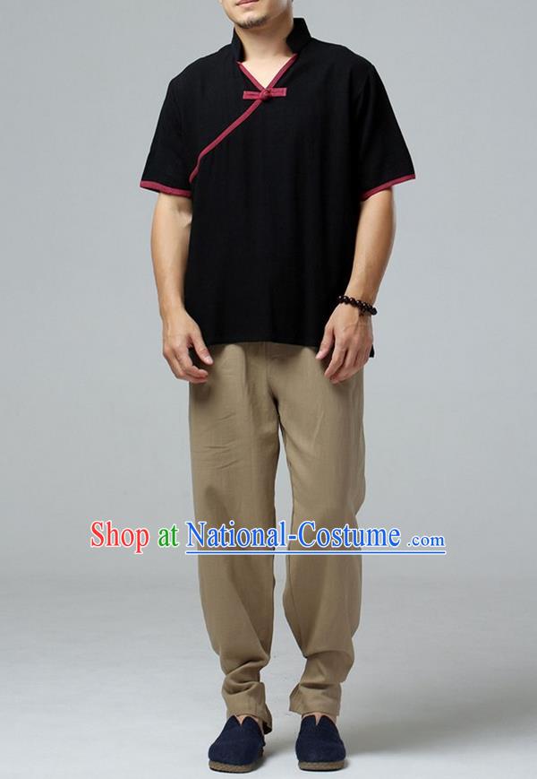 Traditional Top Chinese National Tang Suits Linen Slant Opening Costume, Martial Arts Kung Fu Short Sleeve Black Shirt, Chinese Kung fu Plate Buttons Upper Outer Garment Blouse, Chinese Taichi Thin Shirts Wushu Clothing for Men