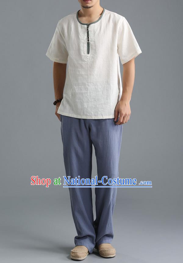 Traditional Top Chinese National Tang Suits Linen Costume, Martial Arts Kung Fu Short Sleeve White T-Shirt, Chinese Kung fu Upper Outer Garment Blouse, Chinese Taichi Thin Shirts Wushu Clothing for Men