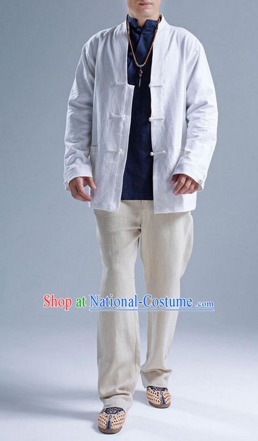 Traditional Top Chinese National Tang Suits Linen Front Opening Costume, Martial Arts Kung Fu White Coats, Chinese Kung fu Plate Buttons Jacket, Chinese Taichi Short Coats Wushu Cardigan Clothing for Men