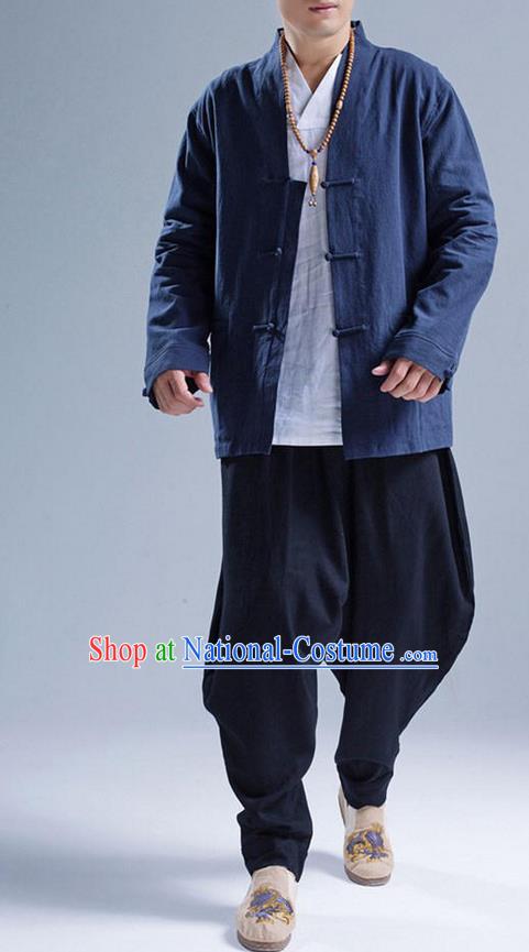 Traditional Top Chinese National Tang Suits Linen Front Opening Costume, Martial Arts Kung Fu Navy Coats, Chinese Kung fu Plate Buttons Jacket, Chinese Taichi Short Coats Wushu Cardigan Clothing for Men