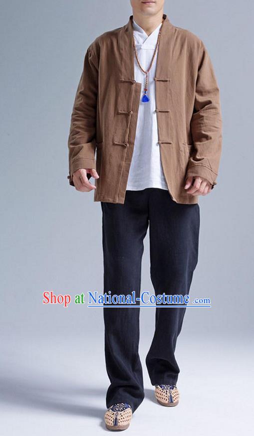 Traditional Top Chinese National Tang Suits Linen Front Opening Costume, Martial Arts Kung Fu Brown Coats, Chinese Kung fu Plate Buttons Jacket, Chinese Taichi Short Coats Wushu Cardigan Clothing for Men