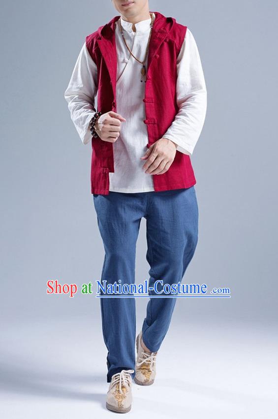 Traditional Top Chinese National Tang Suits Linen Front Opening Costume, Martial Arts Kung Fu Red Hooded Vests, Kung fu Plate Buttons Unlined Upper Garment Waistcoat, Chinese Taichi Vest Wushu Clothing for Men