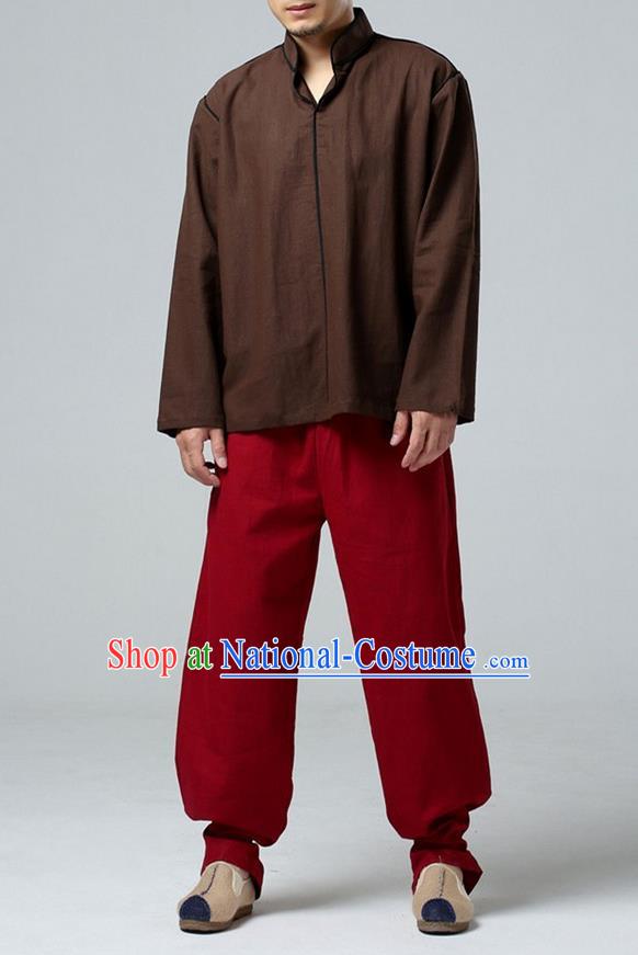 Traditional Top Chinese National Tang Suits Linen Costume, Martial Arts Kung Fu Stand Collar Brown T-Shirt, Chinese Kung fu Upper Outer Garment Blouse, Chinese Taichi Shirts Wushu Clothing for Men