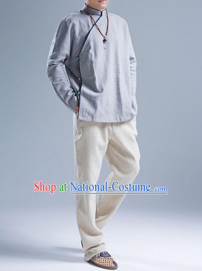 Traditional Top Chinese National Tang Suits Linen Slant Opening Costume, Martial Arts Kung Fu Stand Collar Blue Shirt, Chinese Kung fu Upper Outer Garment Blouse, Chinese Taichi Shirts Wushu Clothing for Men